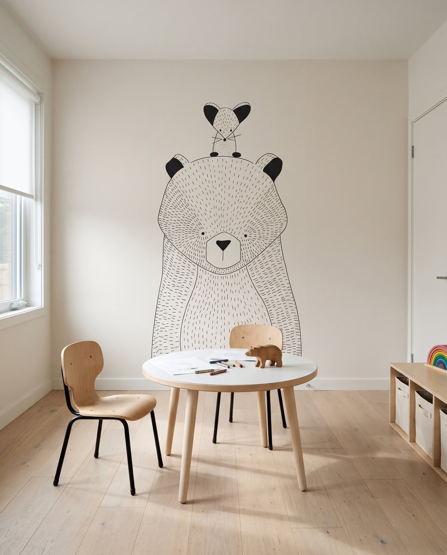 Muisje op een beer in een interieur