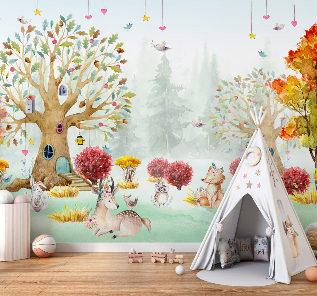 Bosvriendjes rond kleurrijke droomboom — interieur 4
