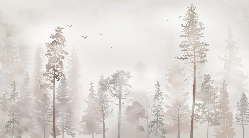 Een groep bomen in een mistig bos — volledig ontwerp