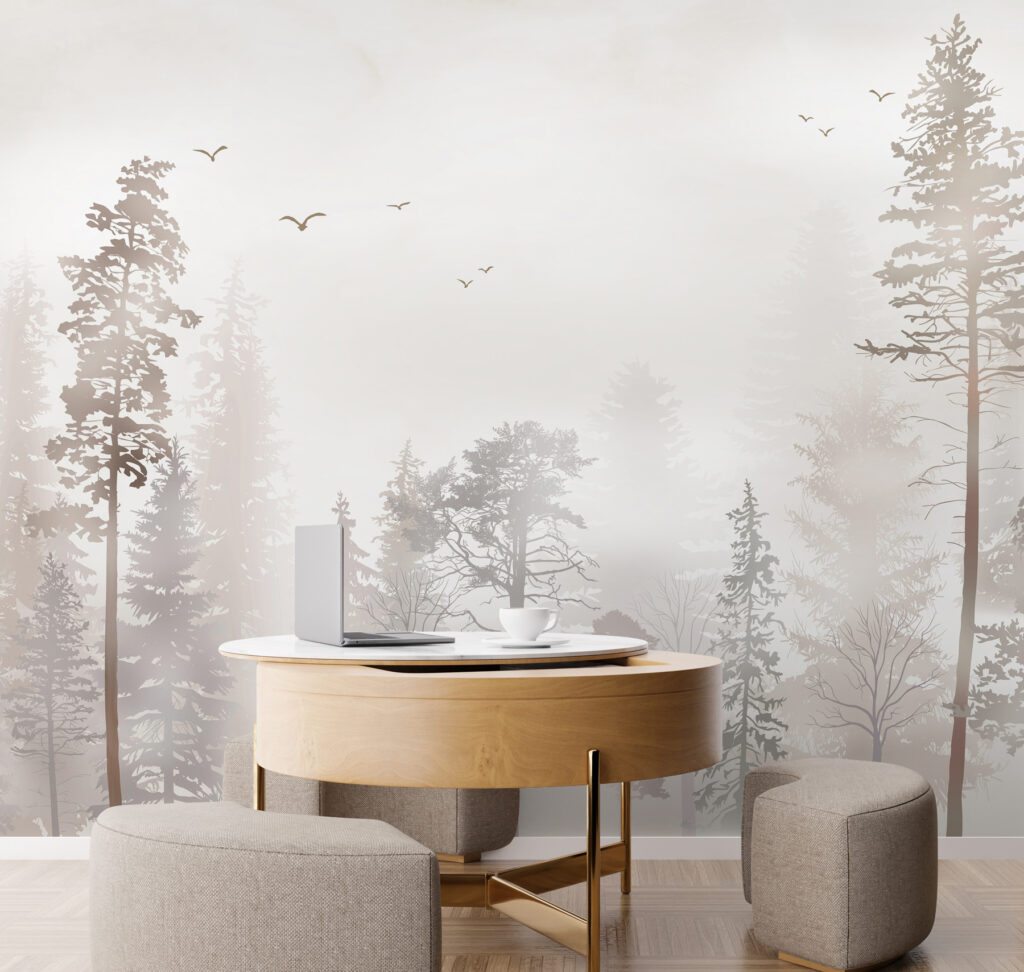 Een groep bomen in een mistig bos — interieur 3