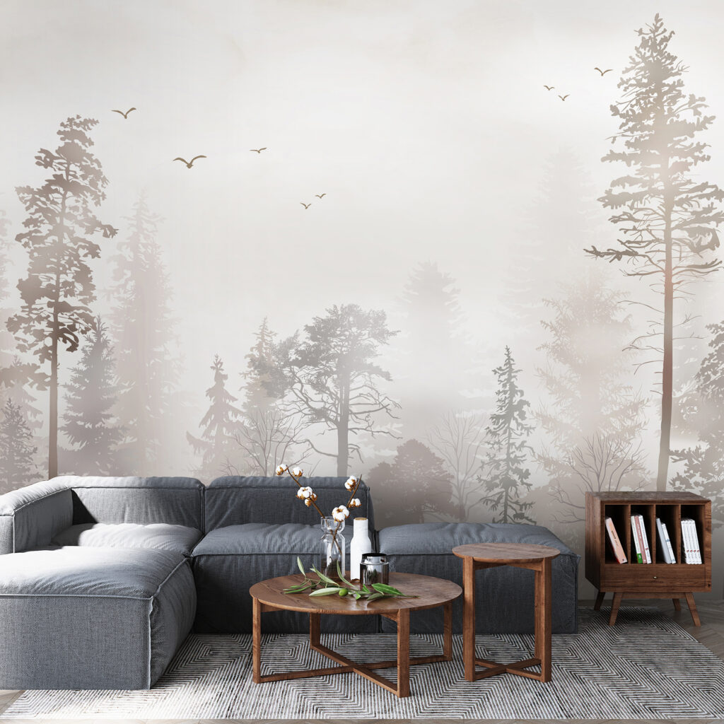 Een groep bomen in een mistig bos — interieur 4