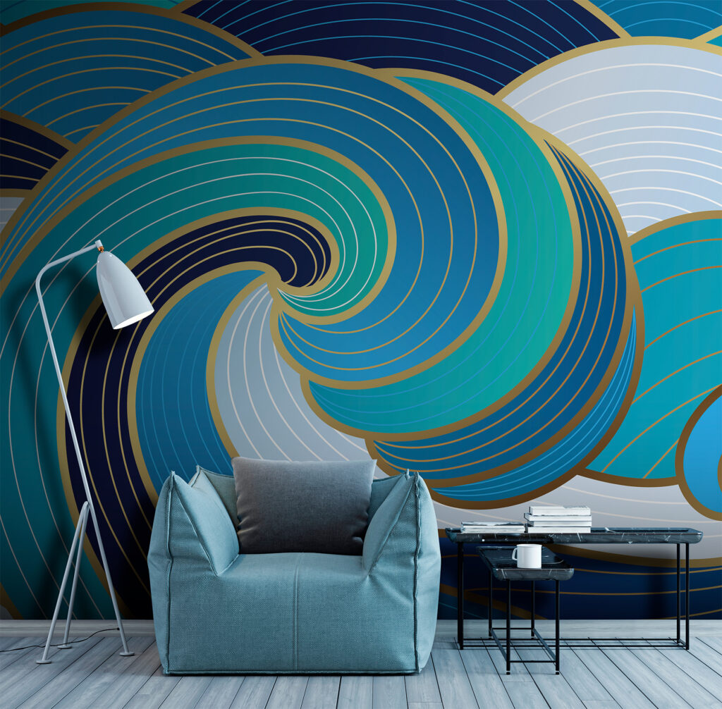 Blauwe siergolven met goudlijnen — interieur 2