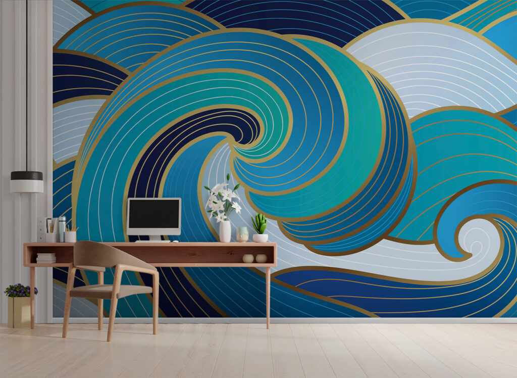 Blauwe siergolven met goudlijnen — interieur 1