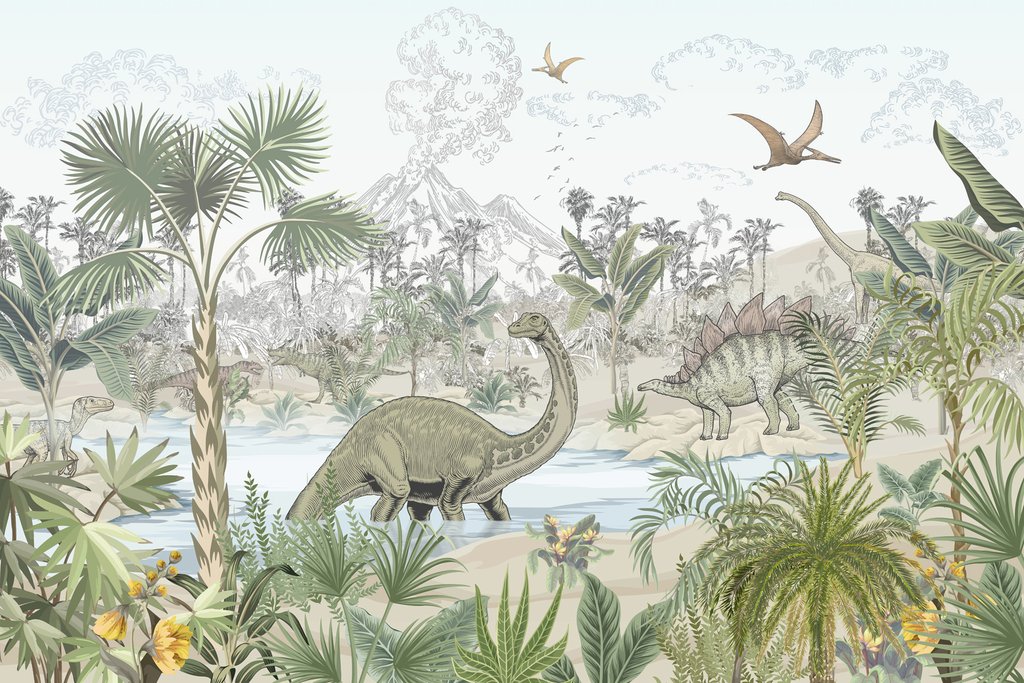 Dinosaurussen aan de bospoel — volledig ontwerp