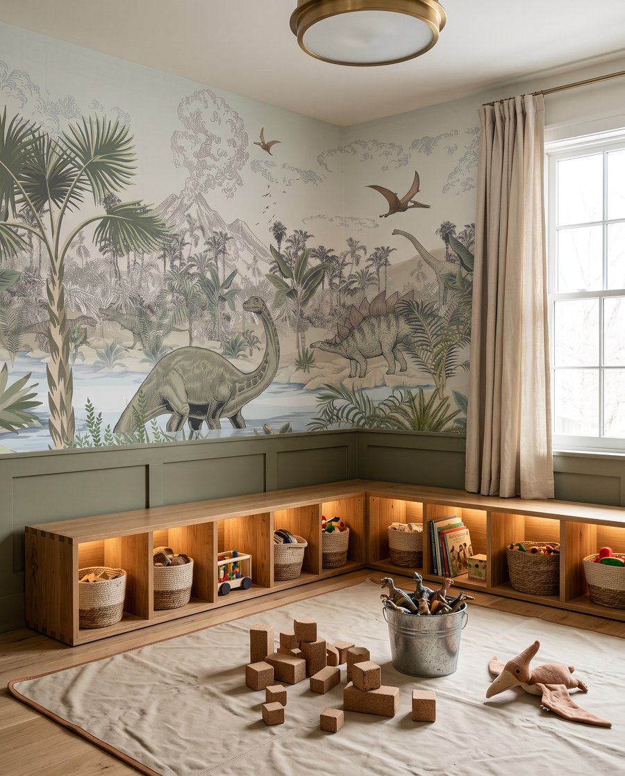 Een groep dinosaurussen in een rivier in een interieur