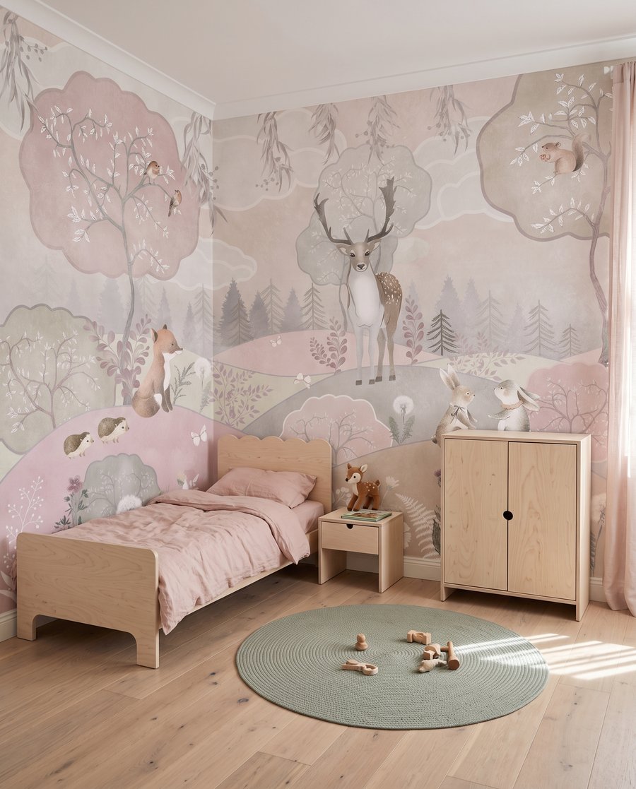 Dieren in roze heuvels in een interieur