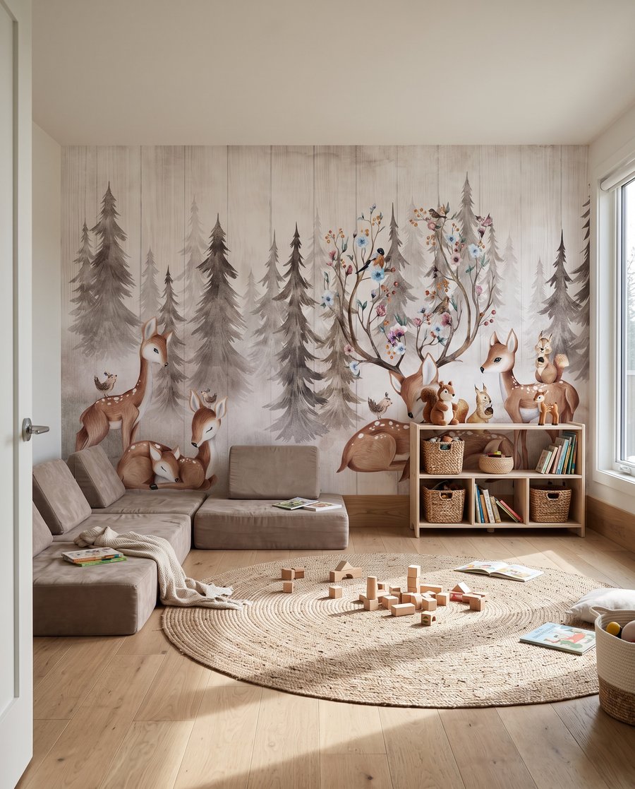 Een groep herten met een groep babyherten in een interieur