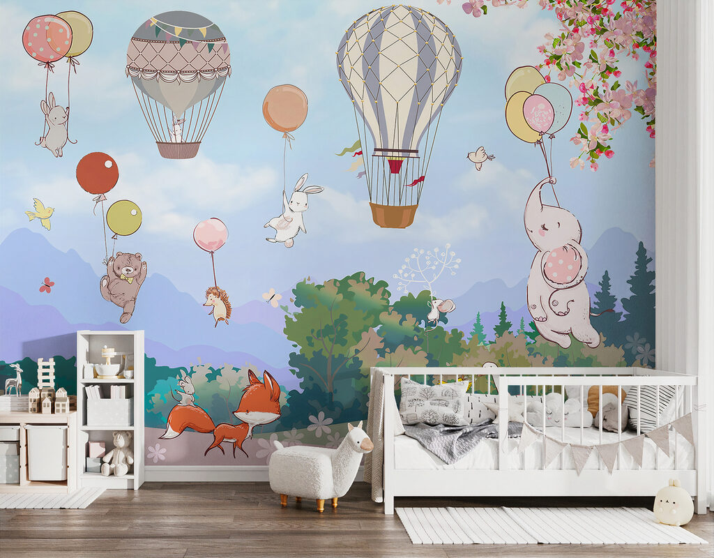 Dierenballonnen boven een bloemenbos — interieur 1