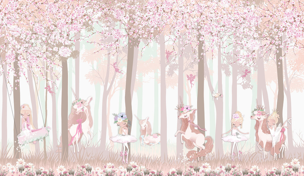 Eenhoorns in roze bos — volledig ontwerp