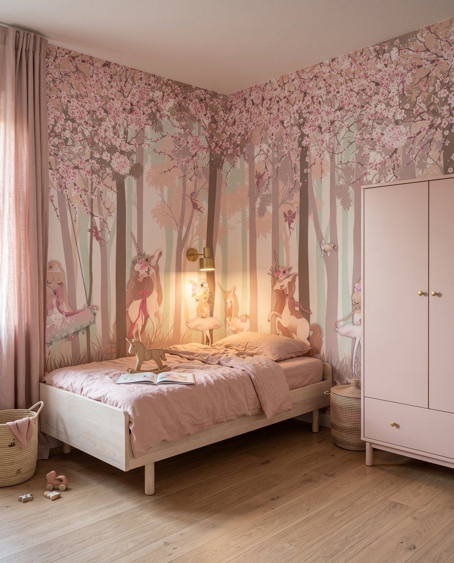 Eenhoorns in roze bos in een interieur