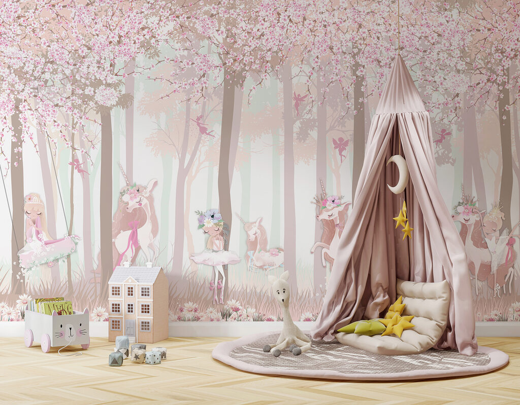 Betoverend bos met dansende figuren in een interieur