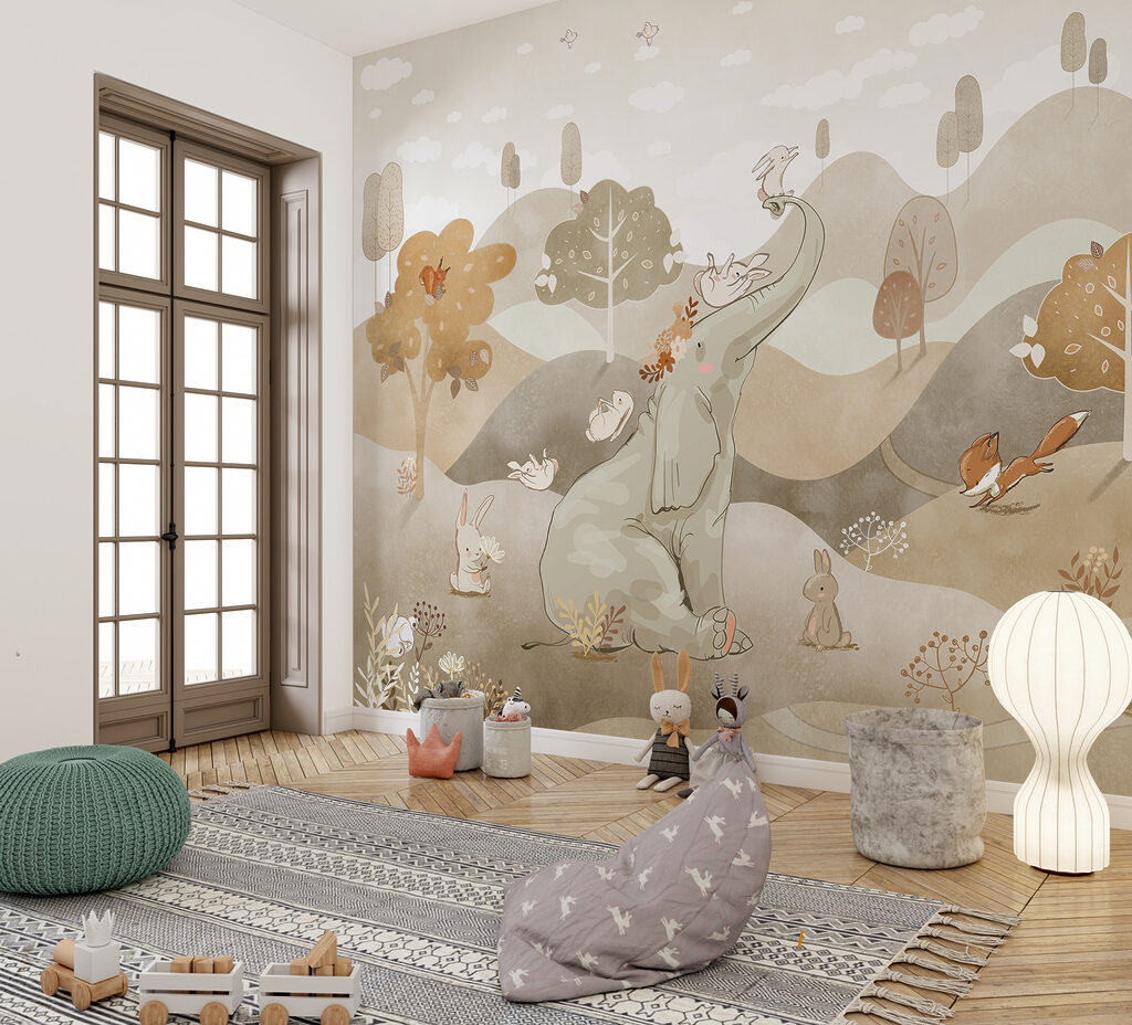 Een olifant en konijnen in een landschap in een interieur