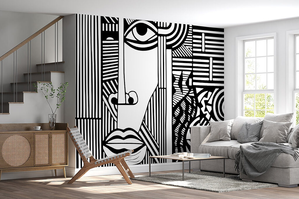 Lang gezicht tussen lijnpatronen — interieur 3