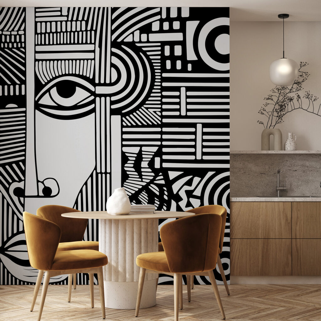 Lang gezicht tussen lijnpatronen — interieur 2