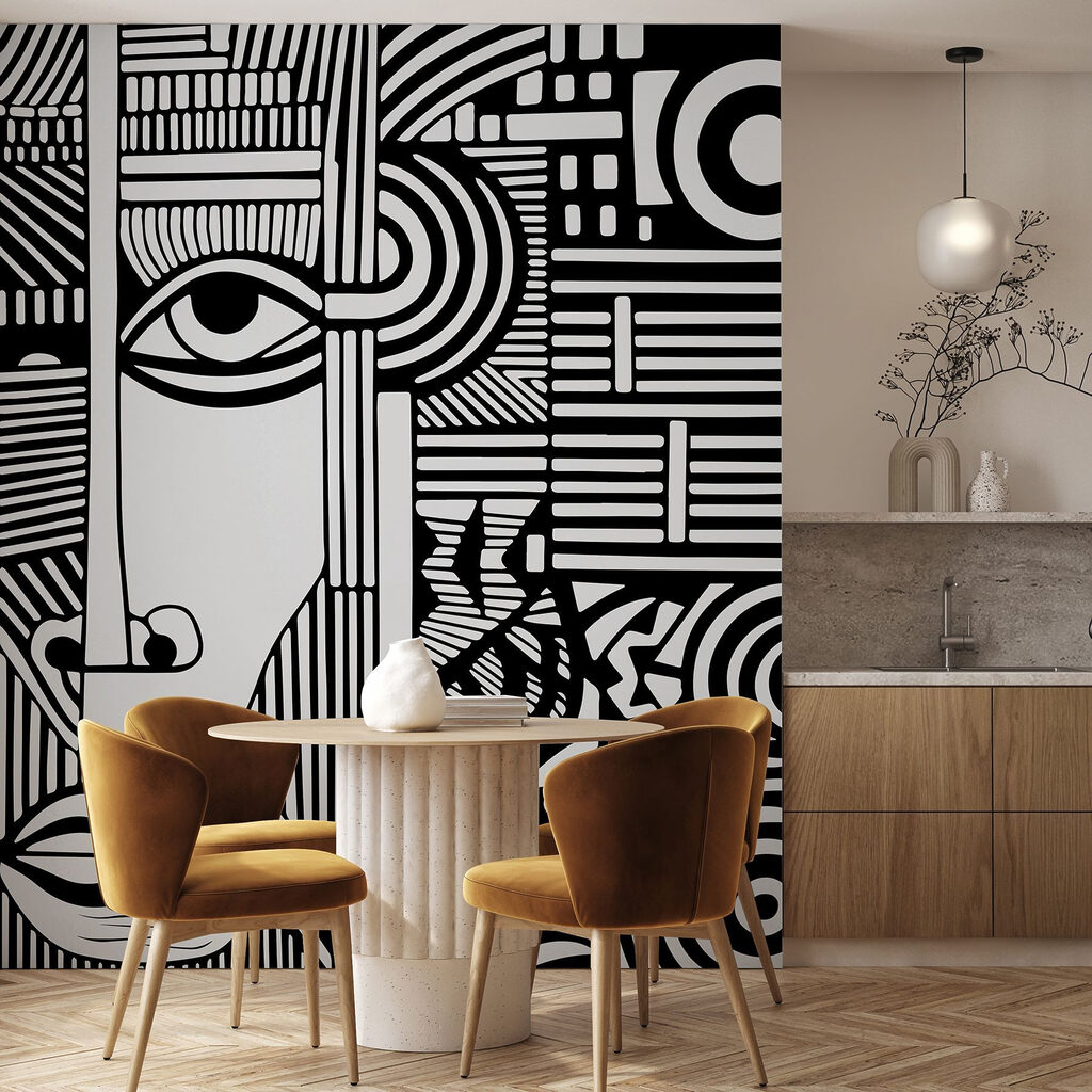 Lang gezicht tussen lijnpatronen — interieur 4