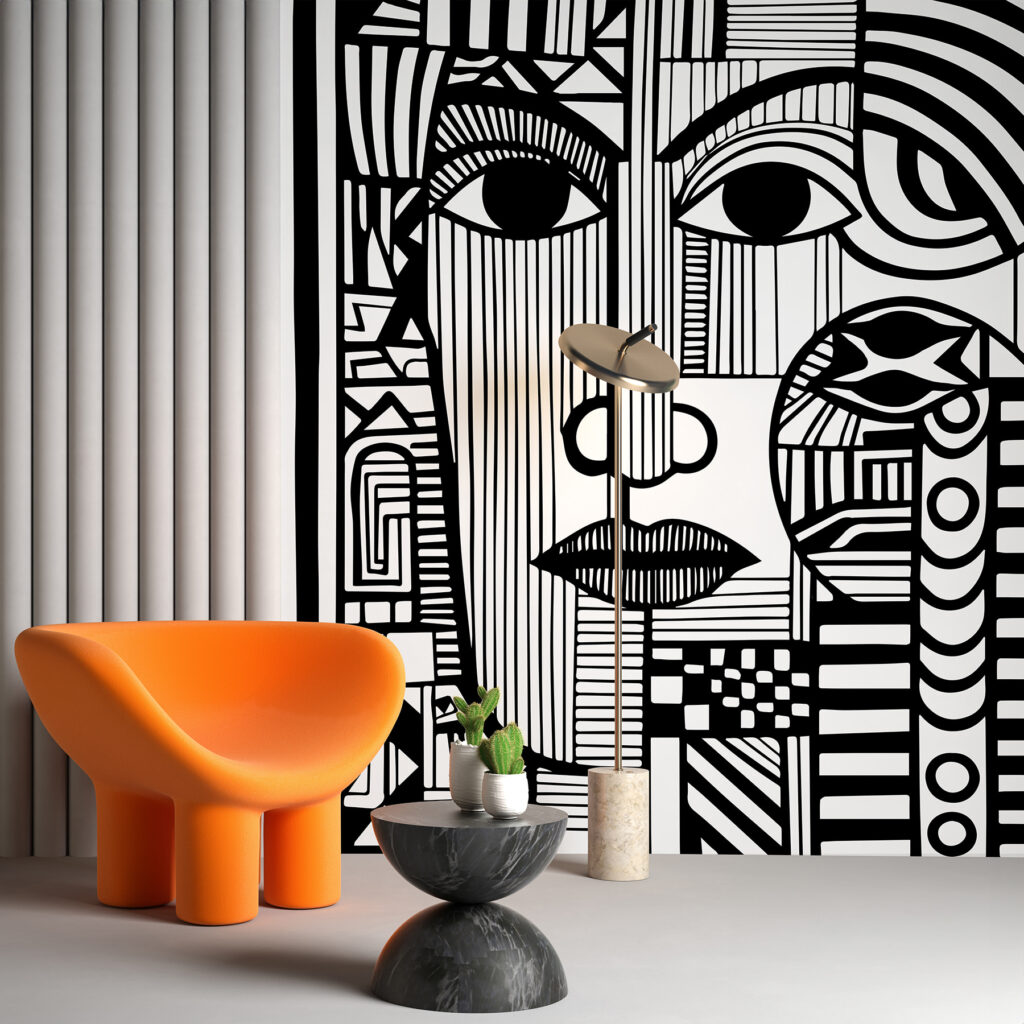 Twee gezichten tussen lijnpatronen — interieur 1