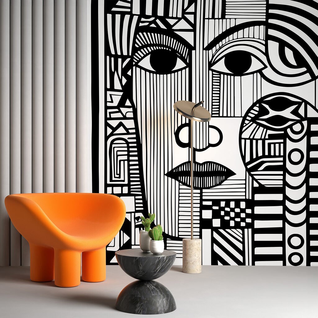 Twee gezichten tussen lijnpatronen — interieur 3