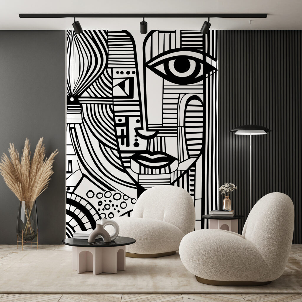 Een zwart-wit tekening van een vrouw’s gezicht in een interieur