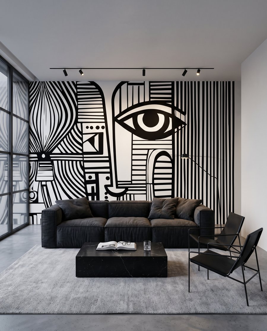 Gezichten in zwarte ritmes in een interieur