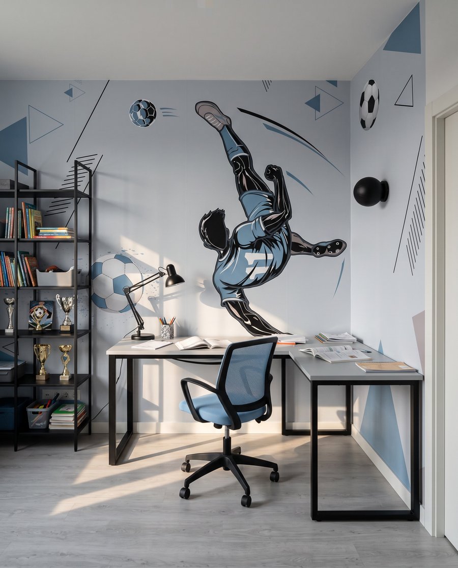 Een voetballer die een bal trapt in een interieur