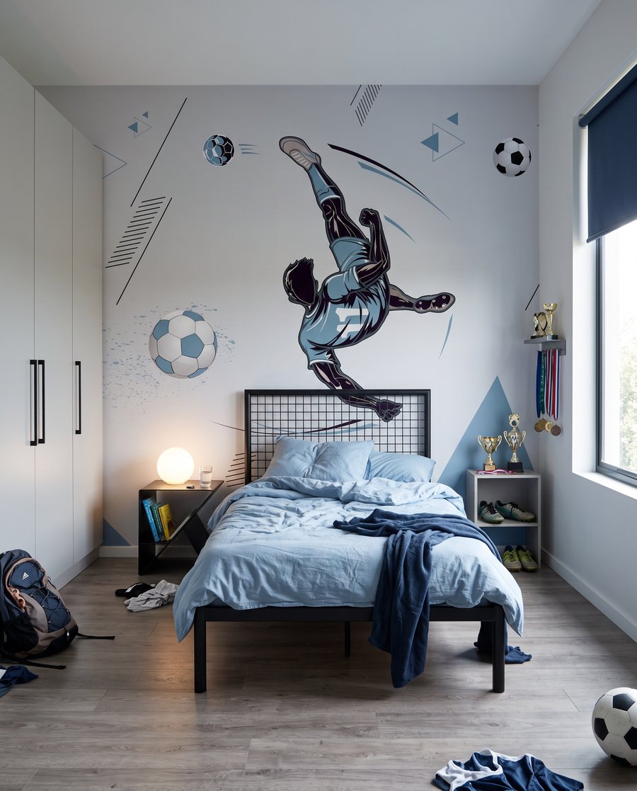 Voetballer in blauwe sprong — interieur 2