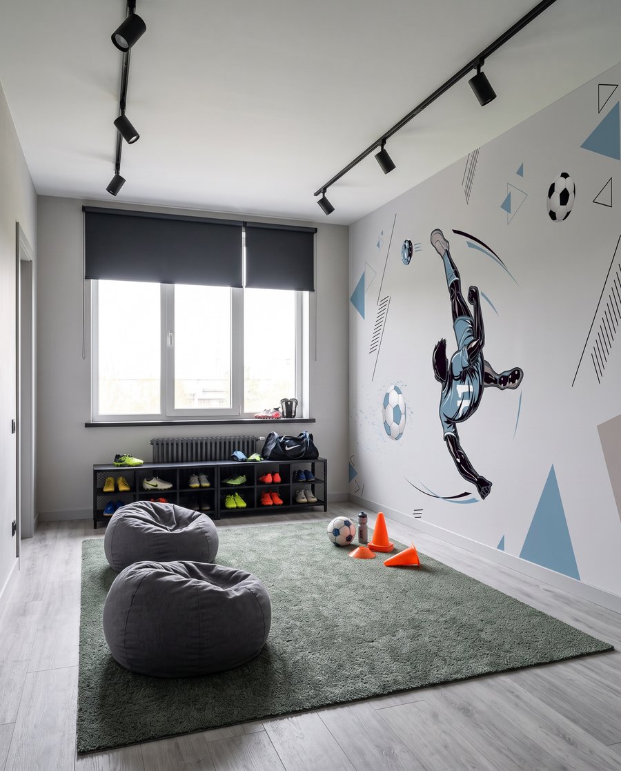 Voetballer in blauwe sprong — interieur 3