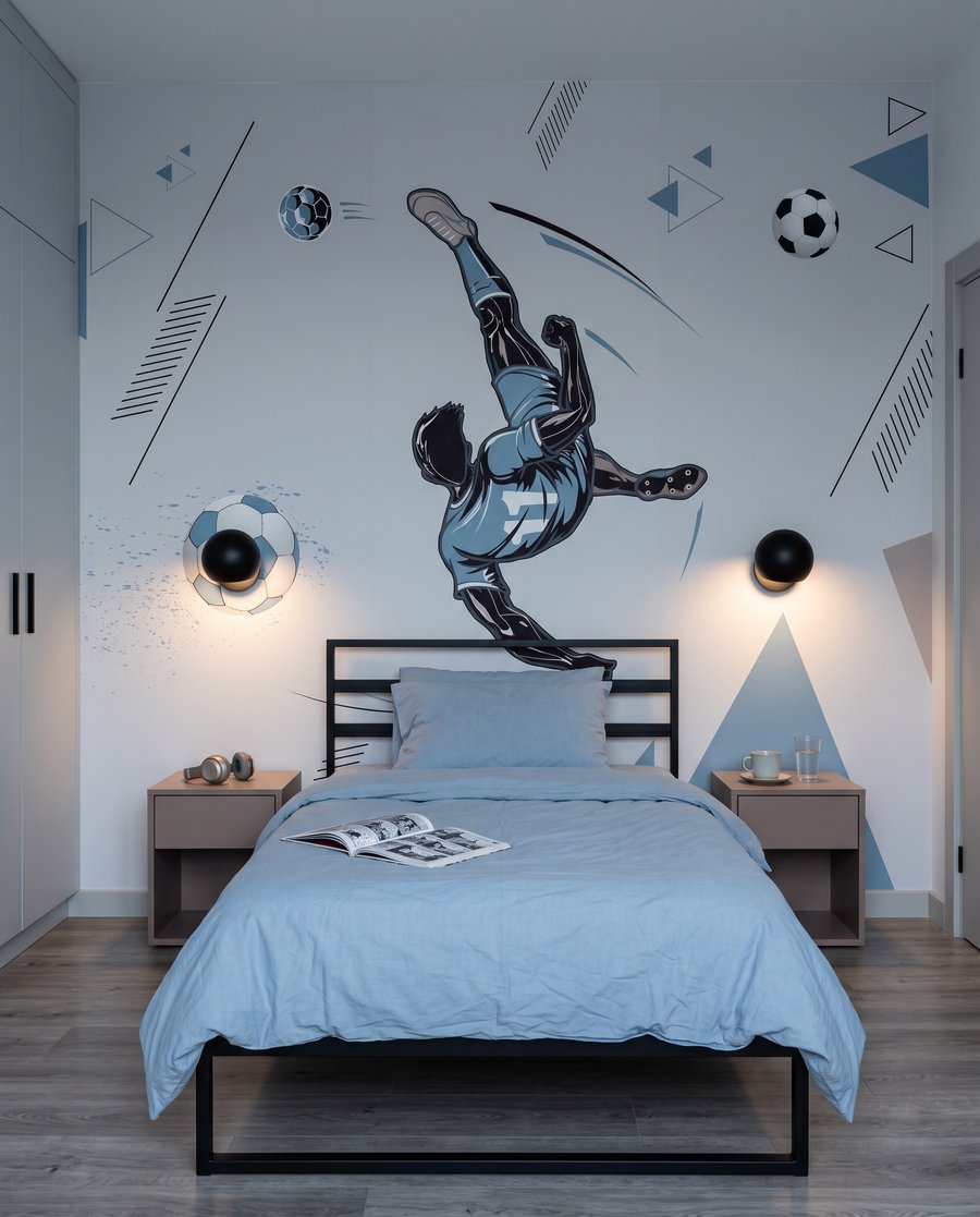 Voetballer in blauwe sprong — interieur 4