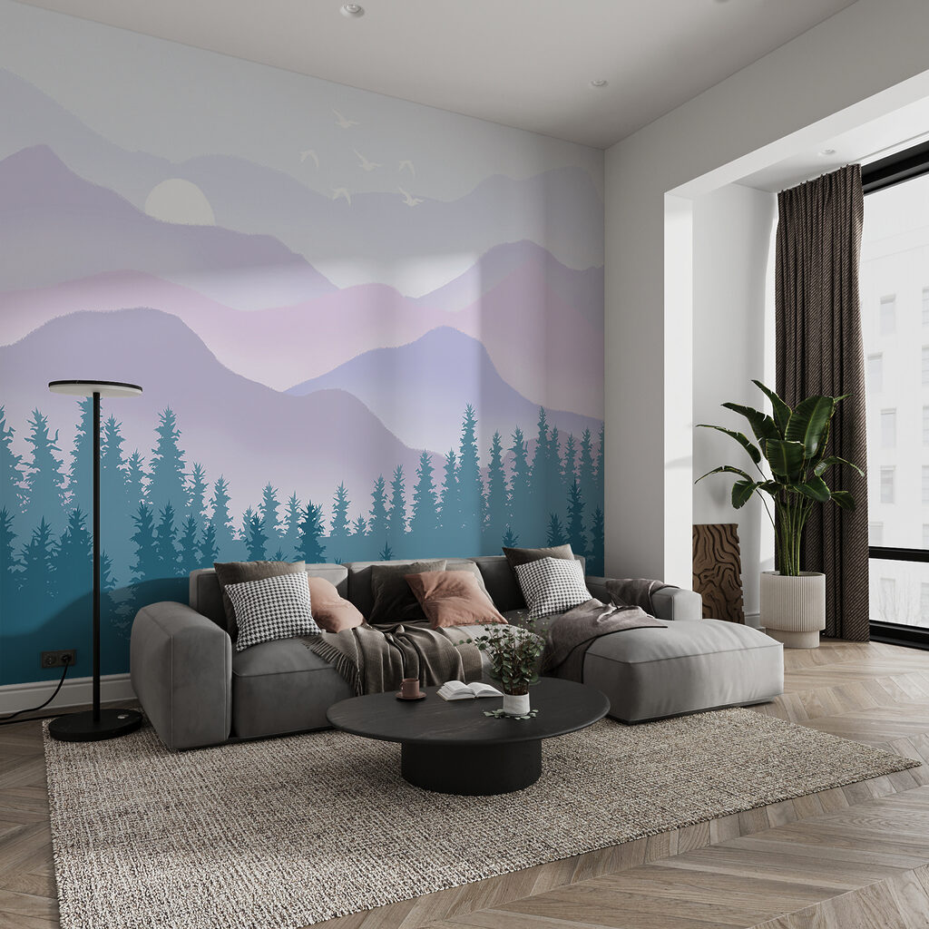 Een landschap van bergen en bomen in een interieur