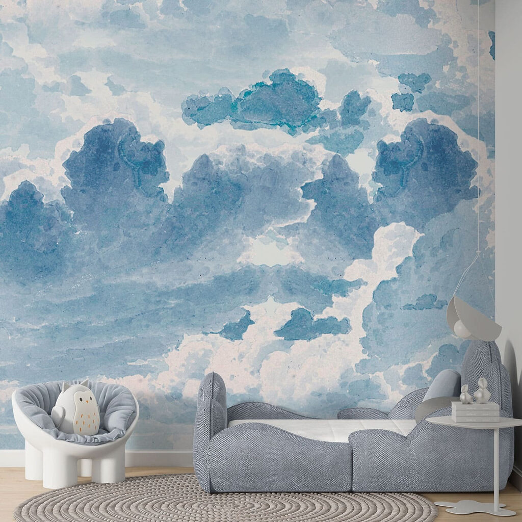 Een blauwe en witte lucht met wolken in een interieur