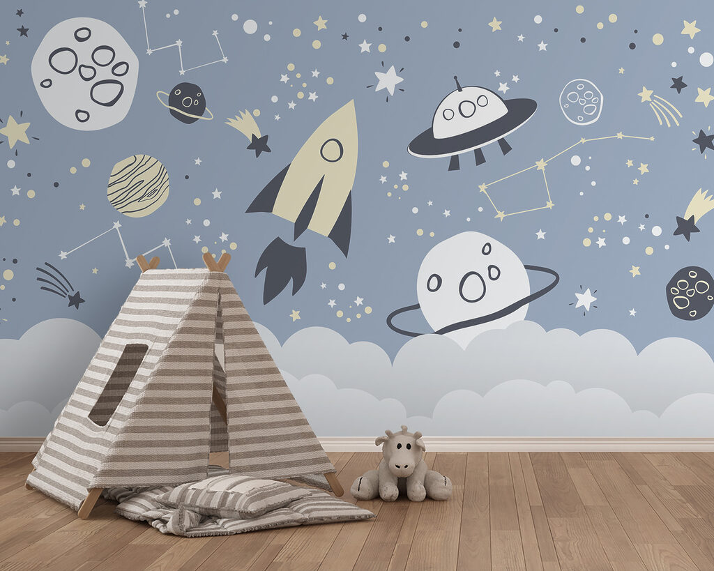 Raketjes boven blauwe wolkjes — interieur 1