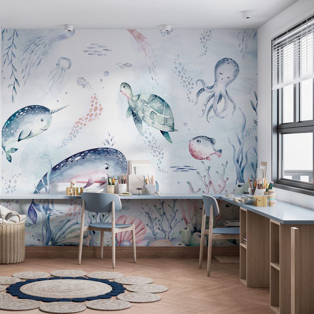 Een aquarel zeedieren in een interieur