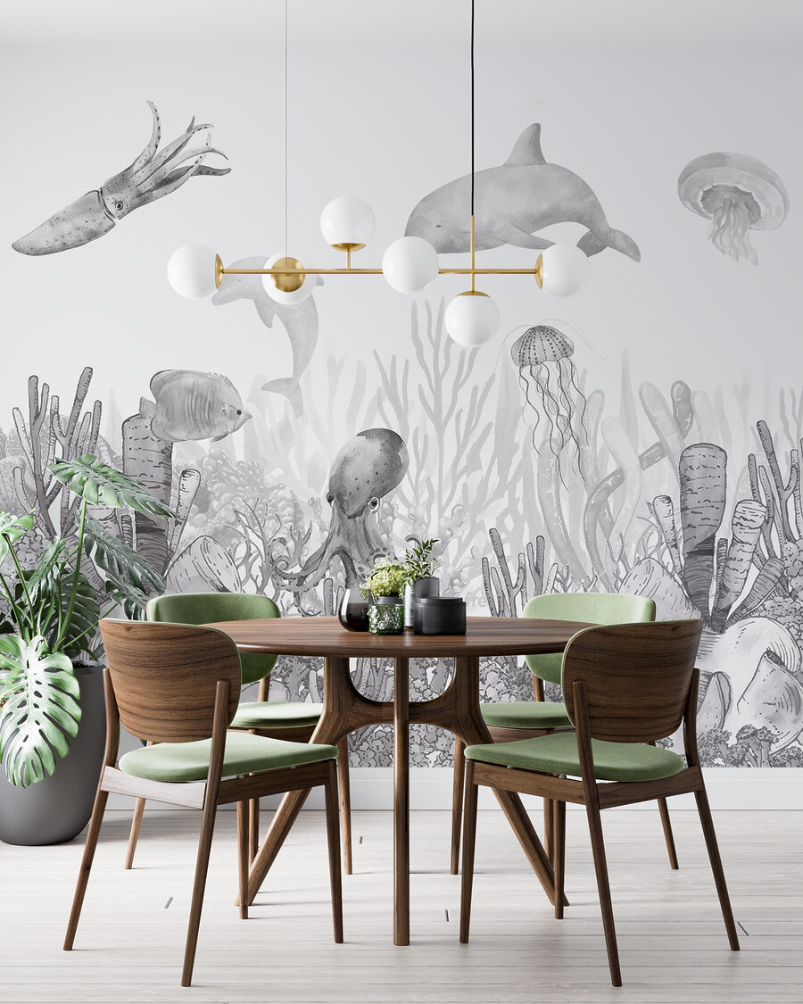 Een zeeleven met vissen en kwallen in een interieur