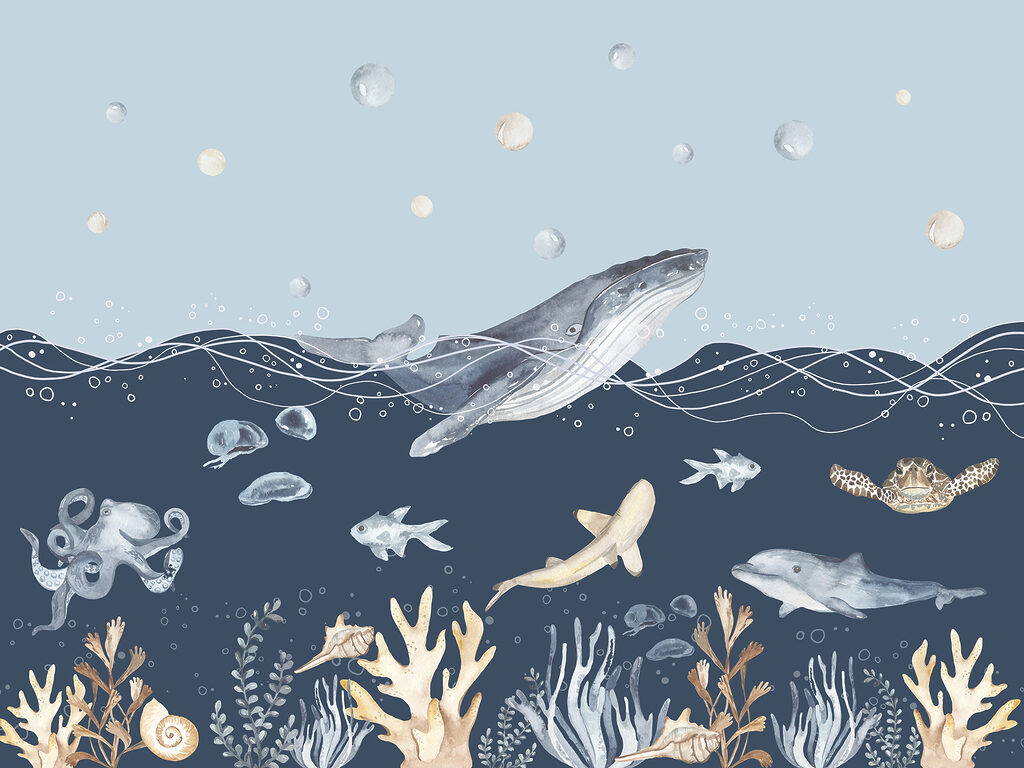 Een aquarel van een walvis en vis — volledig ontwerp