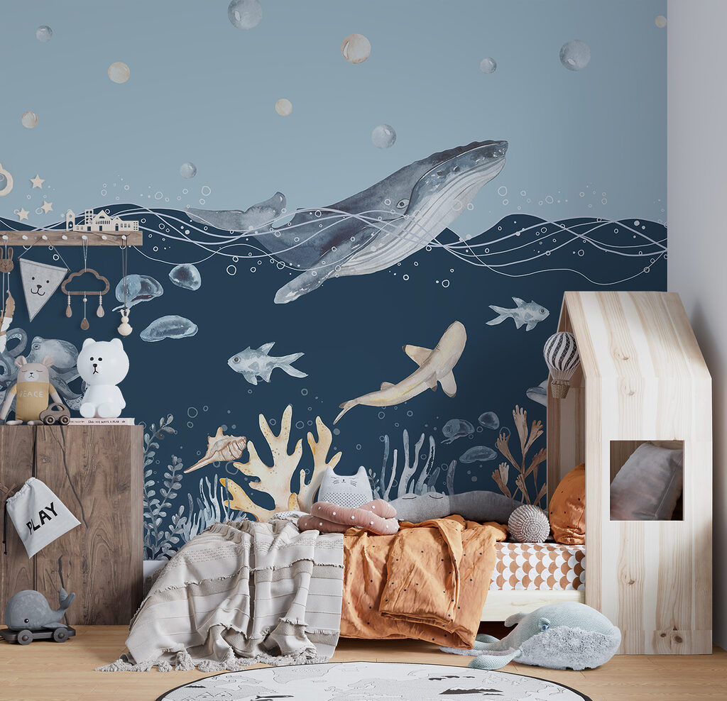 Een aquarel van een walvis en vis — interieur 2