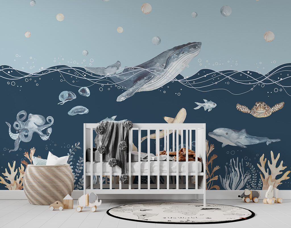 Een aquarel van een walvis en vis — interieur 1