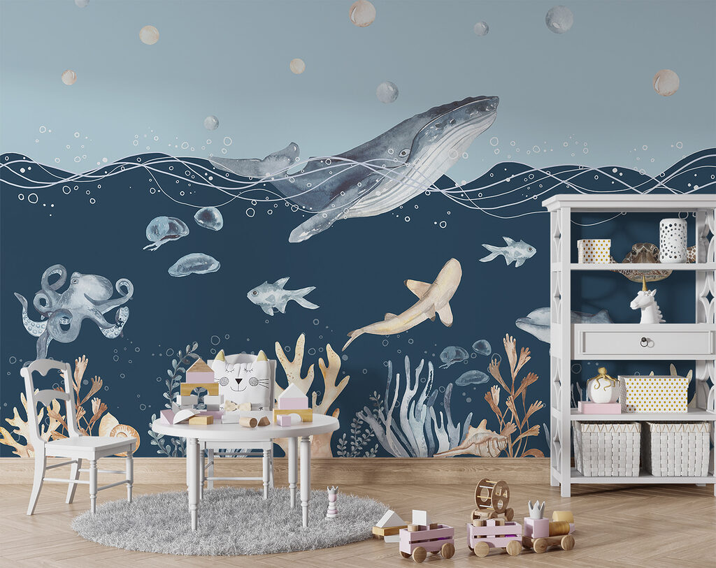 Een aquarel van een walvis en vis — interieur 3