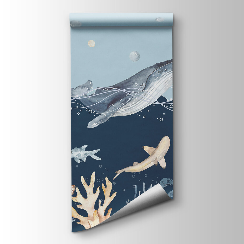 Een aquarel van een walvis en vis — productweergave