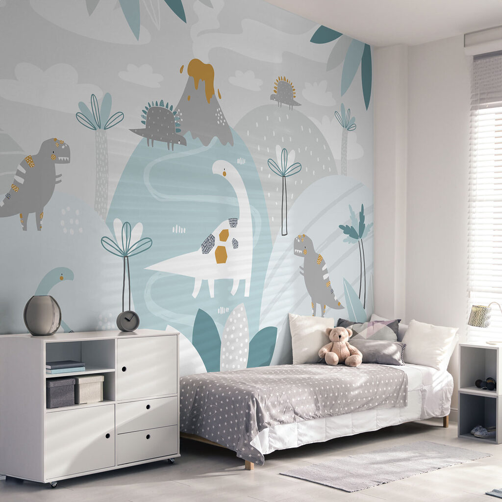 Een cartoon dinosaurus met een vulkaan en planten in een interieur