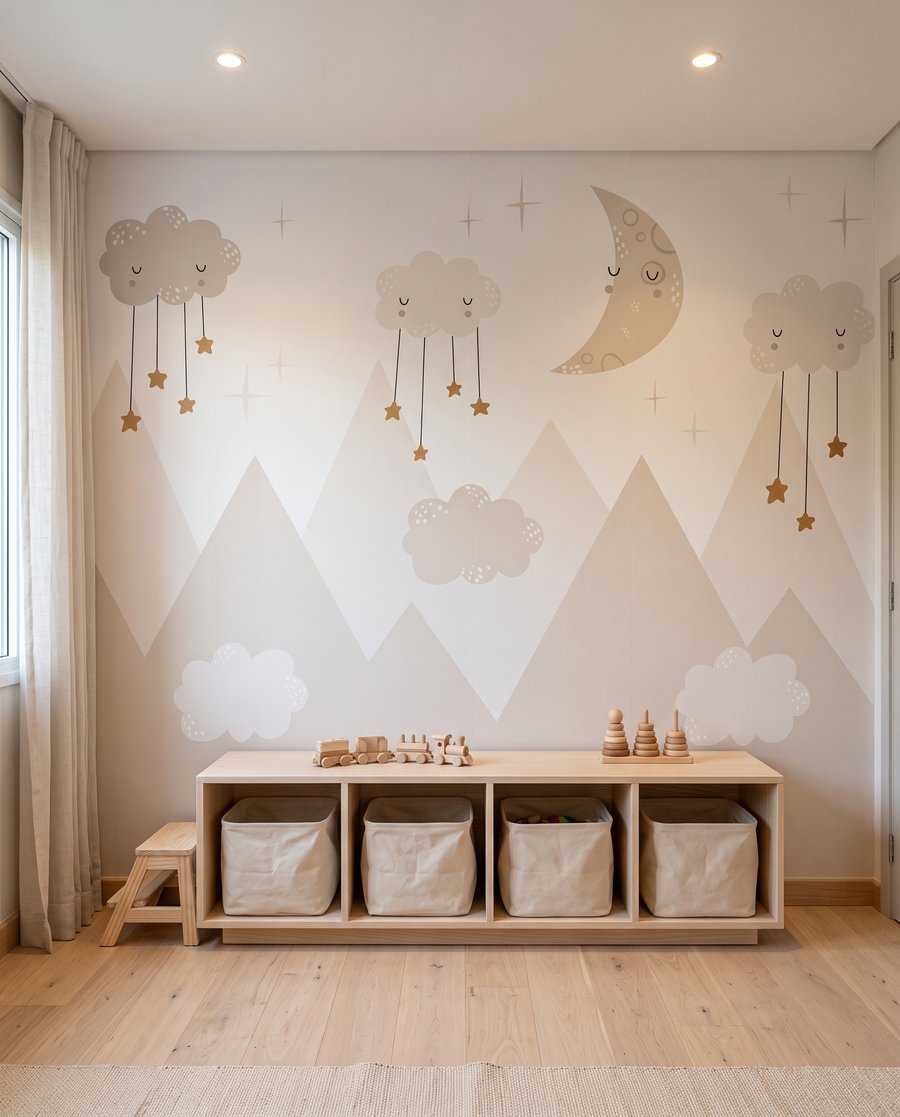Maan boven lichte bergen in een interieur