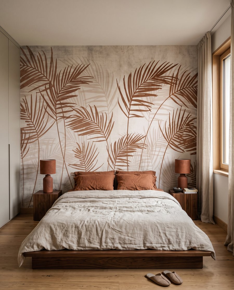 Palmbladeren in warm koper in een interieur