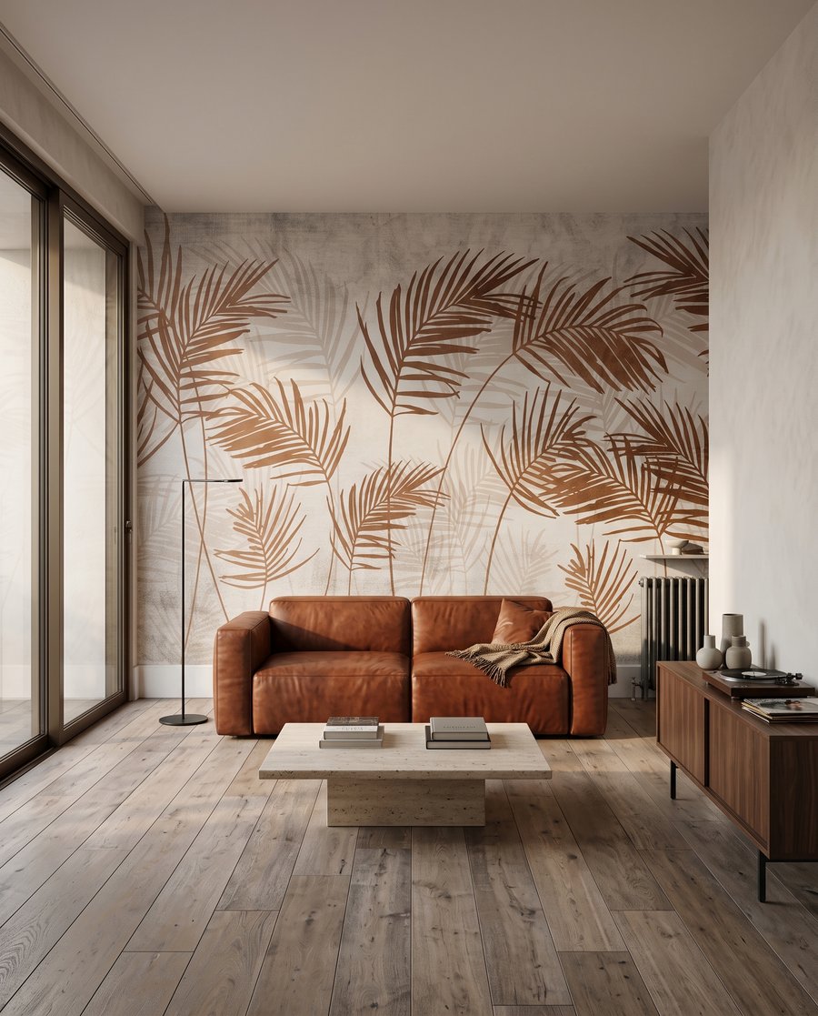 Palmbladeren in warm koper in een interieur