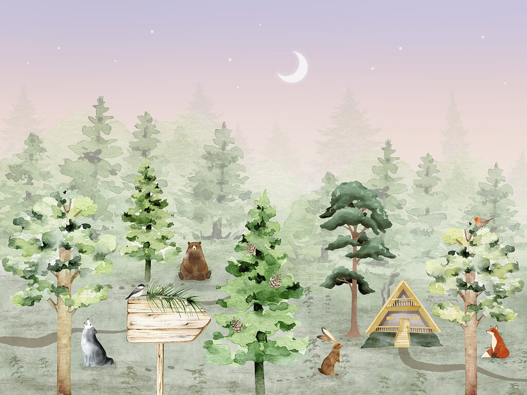Bosvriendjes kamperen bij maanlicht — volledig ontwerp