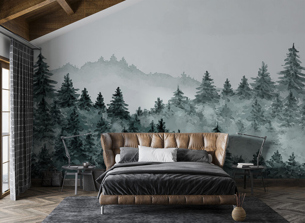 Een mistig bos met bomen in een interieur