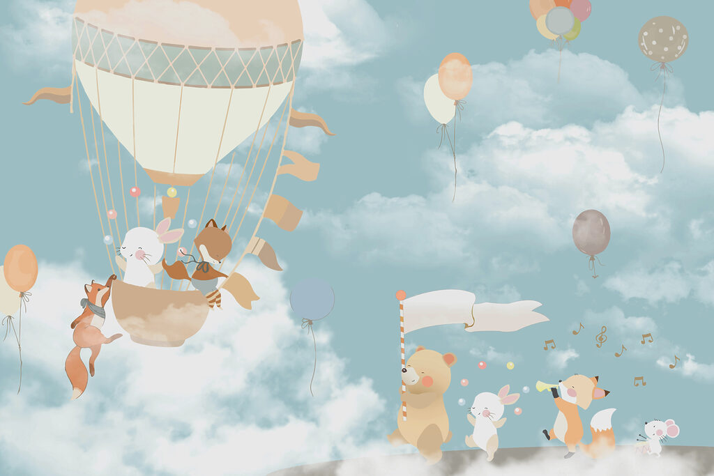 Een cartoon van dieren in een heteluchtballon — volledig ontwerp