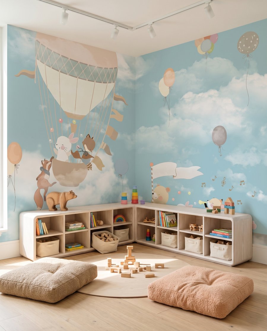 Dierenreis boven de wolken in een interieur