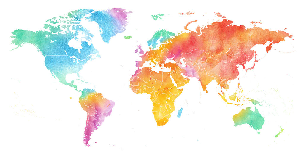 Wereldkaart in regenboogaquarel — volledig ontwerp