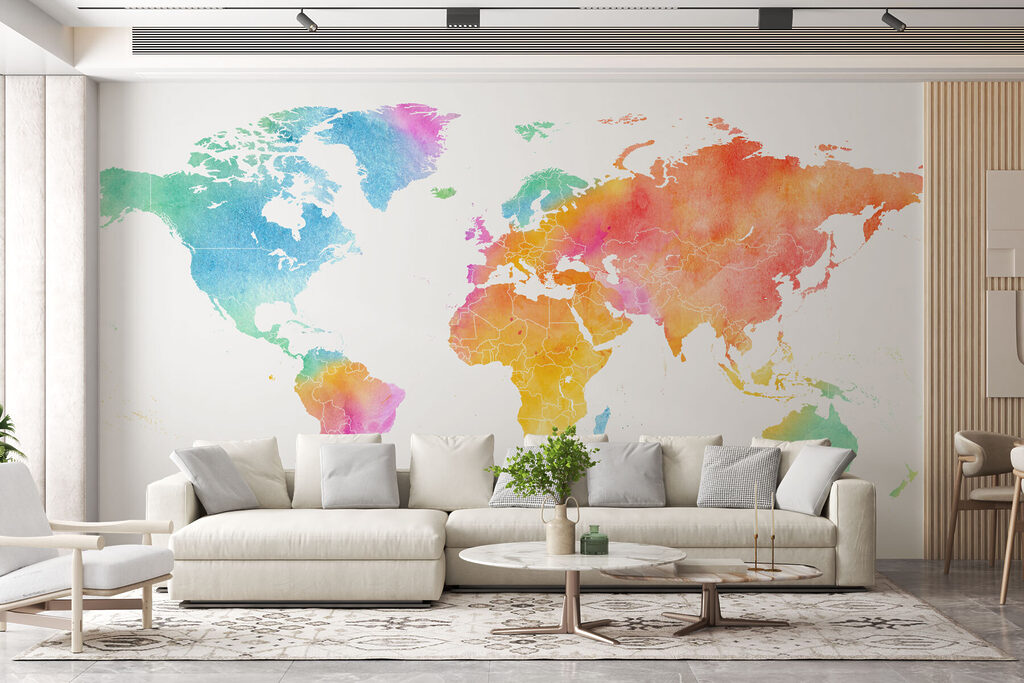 Wereldkaart in regenboogaquarel — interieur 3