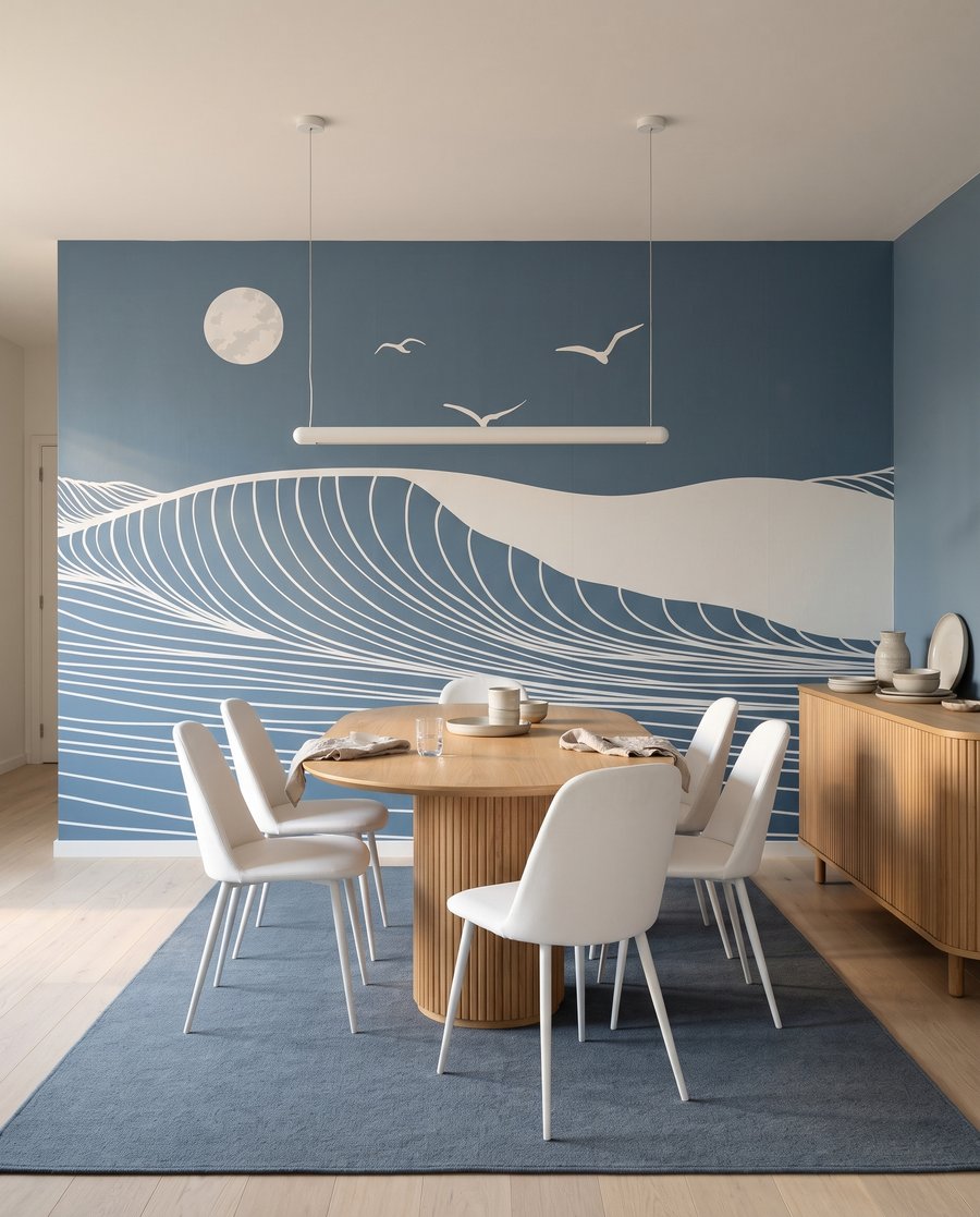 Witte golflijnen onder maanlicht in een interieur