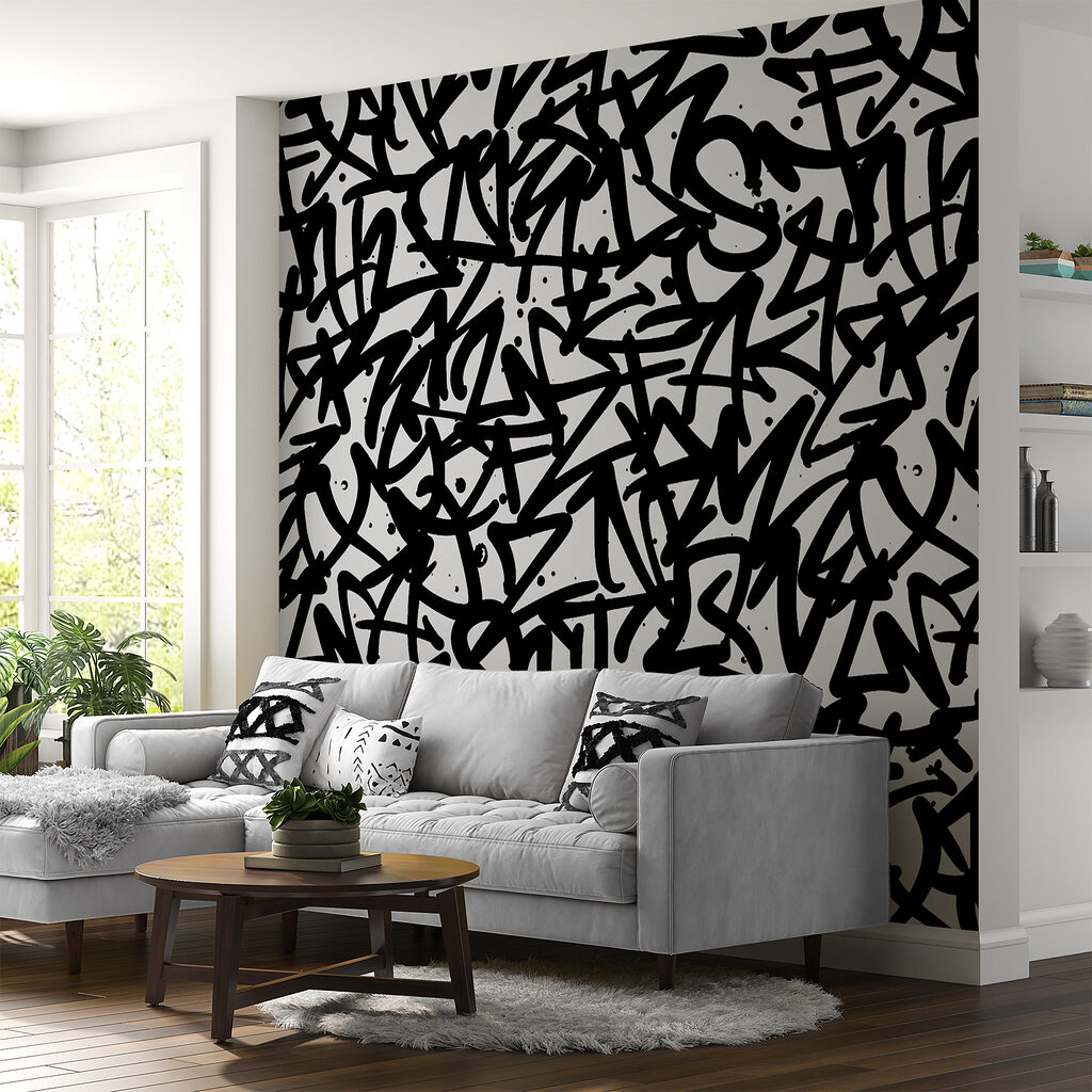 Zwart-wit patroon met letters in een interieur