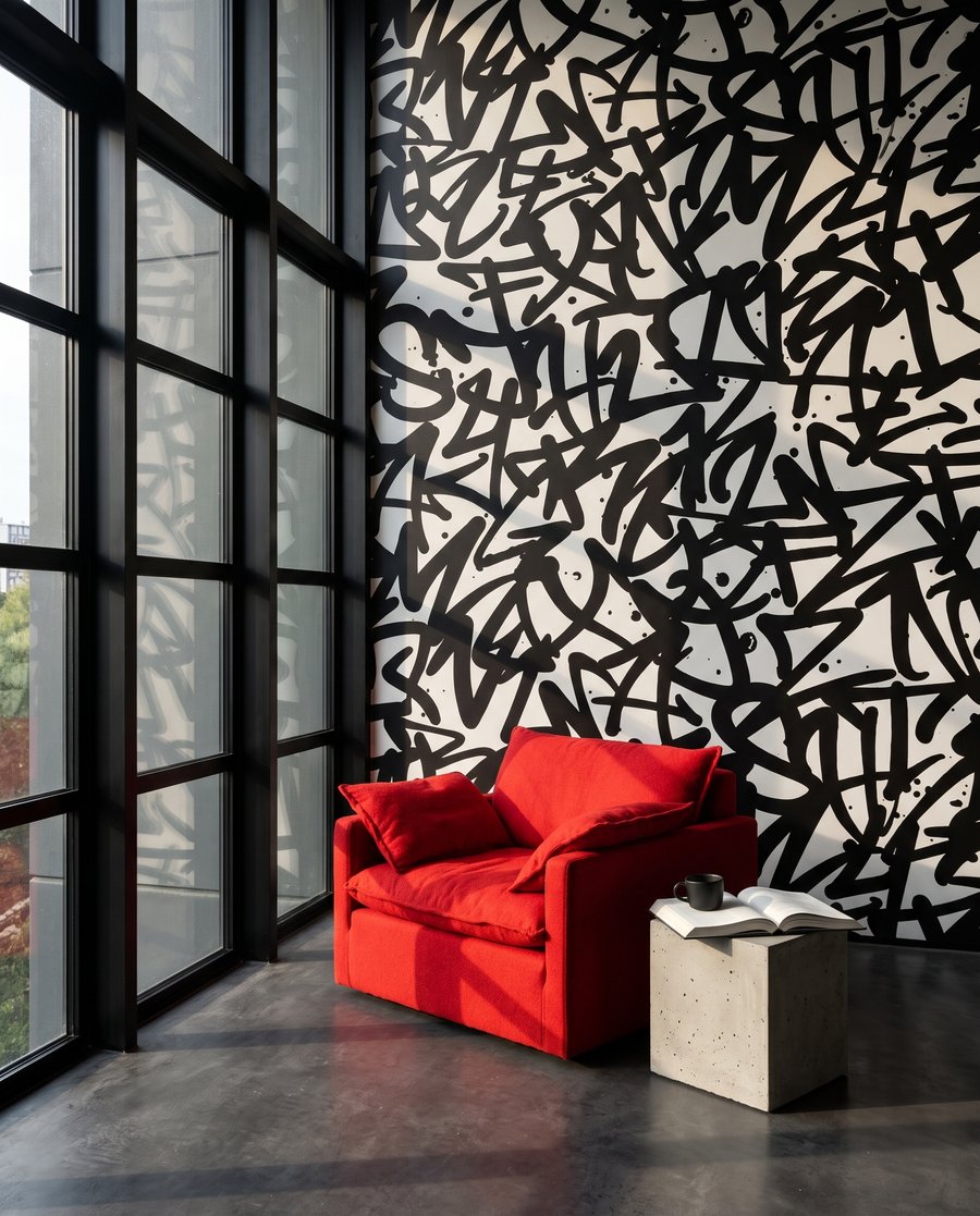 Kruisende krabbels in contrast in een interieur